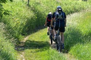 Stage 1: Saint-Jean Pied De Port To Roncesvalles 3 Pilgrims Going By Bike In A Green Path
