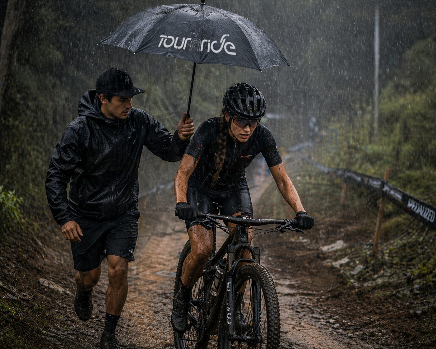 Fare Il Cammino Di Santiago In Bici 5 Personale Tournride Che Assiste Un Ciclista Sotto La Pioggia — Tournride Full Assistance Sul Cammino Di Santiago